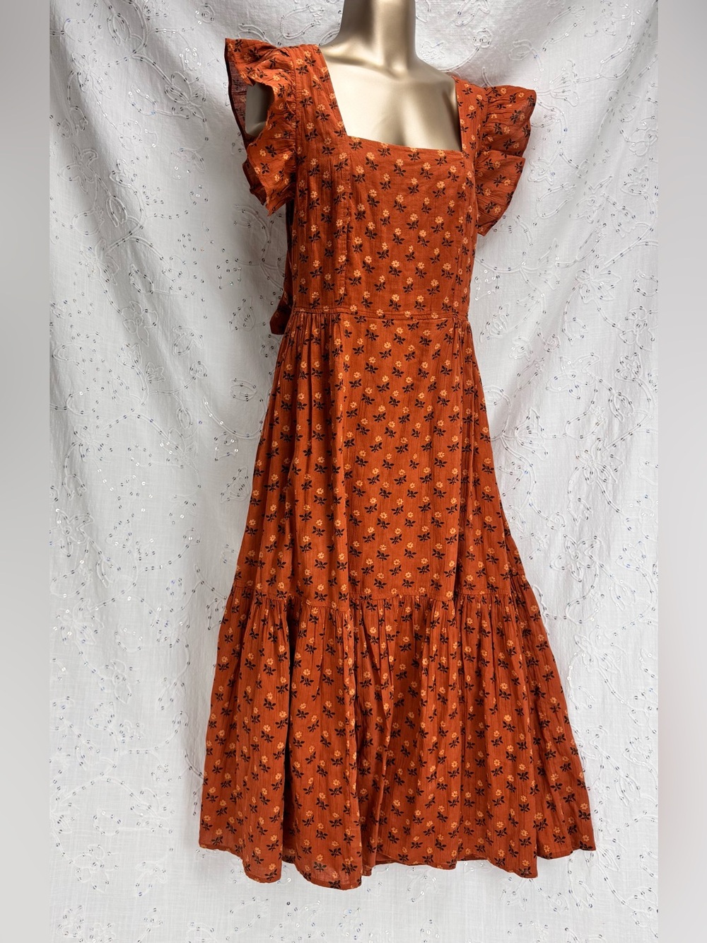 Madewell Rust Cotton Maxi Dress | Open Tie Back | Flutter Sleeve Boho Prairie |